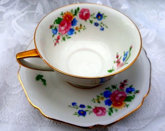 Antique H&G Selb Bavaria Germany Heinrich U.S. Zone Cup Saucer 1940s White Pink Rose Bouquets Dining Serving Shabby Chic Tea Coffee