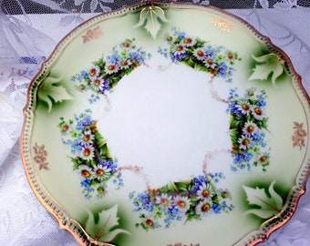 Antique P.K. Silesia Konigszelt Germany Porcelain Cabinet Cake Plate Daisy and Forget Me Not Pattern 1910s 24K Gold Designs Trim Garland