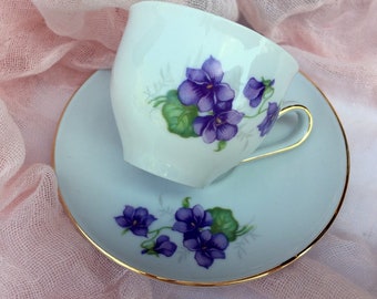 Vintage1950s Schwarzenhammer Porcelain Bavaria Germany Demitasse Cup and Saucer Purple Violets Gold Trim Shabby Chic Bridal Mothers Dayt