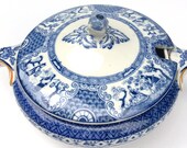 Antique Booths England Silicon China Tureen 1900s Ming Flow Blue Oriental Asian Holiday Table Serving Christmas Gifts