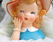 Vintage Nippon Yoko Boeki Co. 1940s Red Mark Hand Painted Lady Bust Planter Vase Little Girl Bonnet Flowers Pearls Mid Century Shabby Chic