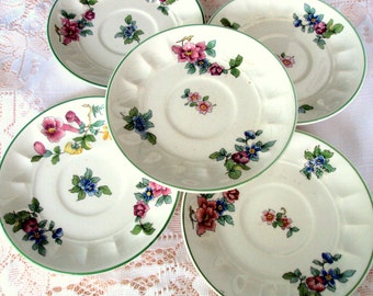 Vintage Pope Gosser China Demitasse Saucers,1920s,Florals,Patented,Made in USA,Lot of 5,Dining Serving,Gold Trim,Garden Party,Bridal Mix