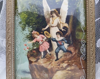Vintage Guardian Angel VI Print Convex Glass Hand Painted Border Design 1940 Gilded Frame White Angel and 2 Children Nursery Art Collectible