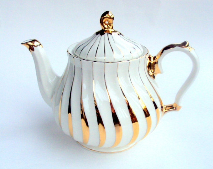 Vintage James Sadler Porcelain Teapot, England, 1950s, 22K Gold and