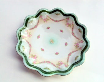 Vintage Moritz Zdekauer Plate,MZ Austria,1880s, Antique Porcelain,Rose Garland,Scalloped,Marked,Sandwich 7 1/2", Dining, Green Pink White