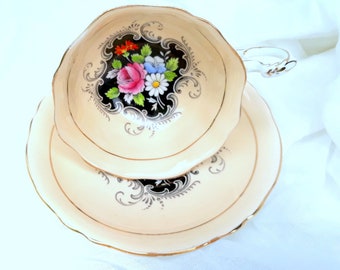 Vintage Paragon China Full Cup and Saucer England 1930s Pattern G6599 Black Centers Rose Daisy Cream Gold Trims Royal Warrant Mark Signed