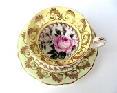 Vintage EB Foley Bone China Tea Cup, Saucer, England 1940s,Cream Borders, Gold Scroll Leaves,White Background with Roses,Din
