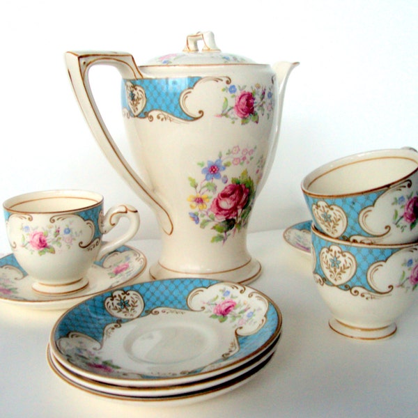 Vintage Myott Staffordshire, Rose Blue,China Demitasse Set,1940's,Porcelain,Roses, Art Deco Era, Floral, 4 Cups and Saucers, Demitasse Pot