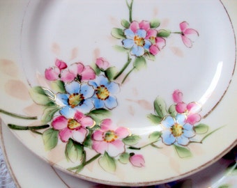 Antique,Set of 4, Nippon Salad Porcelain Plates,cr.1911,Hand Painted Florals,Gold Moriage,Blue Backstamp,Dining Serving,Heirloom Estate,