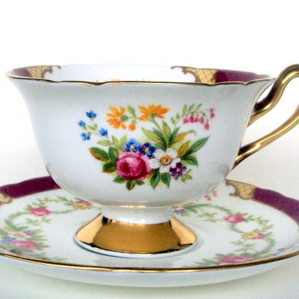 Vintage Shelley Bone China Cup&Saucer England  Dubarry Footed Gold Trims Floral 1930s Dining Serving Gainsborough Shape