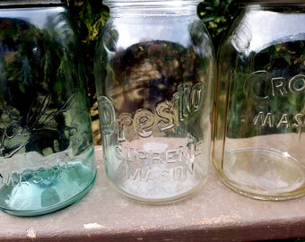 Antique Canning Jars Ball Presto Crown Ball 1890s Presto 1950s Crown 1940s Double Loop on Blue Ball Ball and Crown Original Lids Preserving