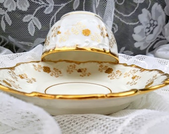 Antique 1880s Elite Works Limoges France Higgins & Seiter NY Hand Painted 22K Gold Design and Trims Embossed Scalloped Saucer Embossed Cup