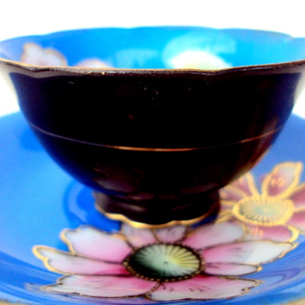 Vintage Royal Sealy Japan,Fine China Demitasse Cup and Saucer,Unique,Royal Blue,Handpainted Lotus Floral,Moriage Gold,1940,Midnight Blue Cup