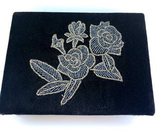 Vintage Jewelry Box,Black Velvet,Roses Bead Applique,1960s,Mirror,Ribbon,Keepsakes,Trinkets,Home Decor,Ladies Bedroom,Seed Beads,Girls Room,