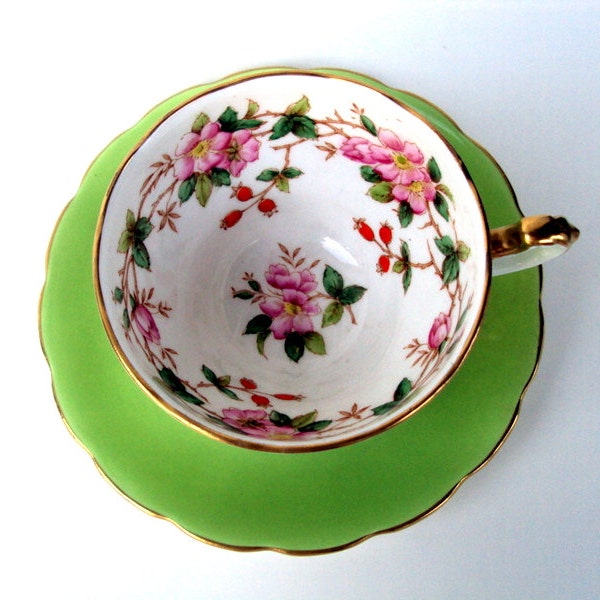 Vintage Crown Staffordshire England Floral Bone China Tea Cup and Saucer,1940s,Green with Floral Berry Pattern,Footed,Scalloped,Gold trim