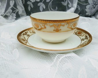 Noritake Morimura Made Japan Cup Saucer RARE Gold Ornate Design U.S. Patent Design Applied Hand Painted Cream Border Cameo and Ornate 1900s