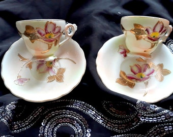 Vintage Set Of 2 Demitasse Cup Saucer 1940s  Moriage Hand Painted 24K Gold Design Bridal Wedding Cappacino Pink Gold and Trim Mothers Day