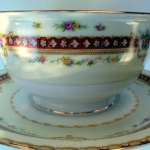 Vintage Meito China 1930s Rhodes Gravy Boat Attached Underplate Japan Asama Crown HolidayTable Christmas Gift French Country image 1