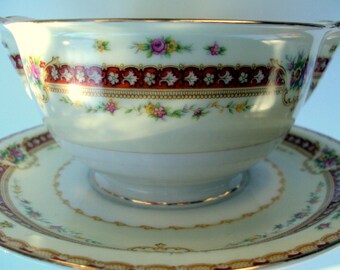 Vintage Meito China 1930s Rhodes Gravy Boat Attached Underplate Japan Asama Crown HolidayTable Christmas Gift French Country