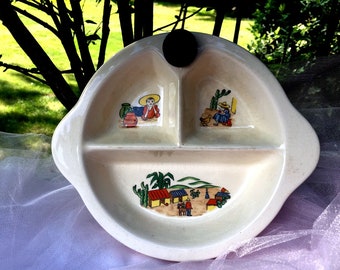 Vintage 1946 Excello Baby Food Warming Divided Dish Southwest Scene Cactus Burrow Colorful Baby Shower Gift Collectible Childs Dish Mexico