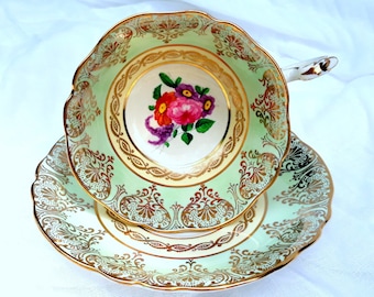 Vintage Paragon China Cup and Saucer England 1930s Double Warrant A165/8 Green Gold Cream Band Center Floral Queen Elizabeth Queen Mary Mark