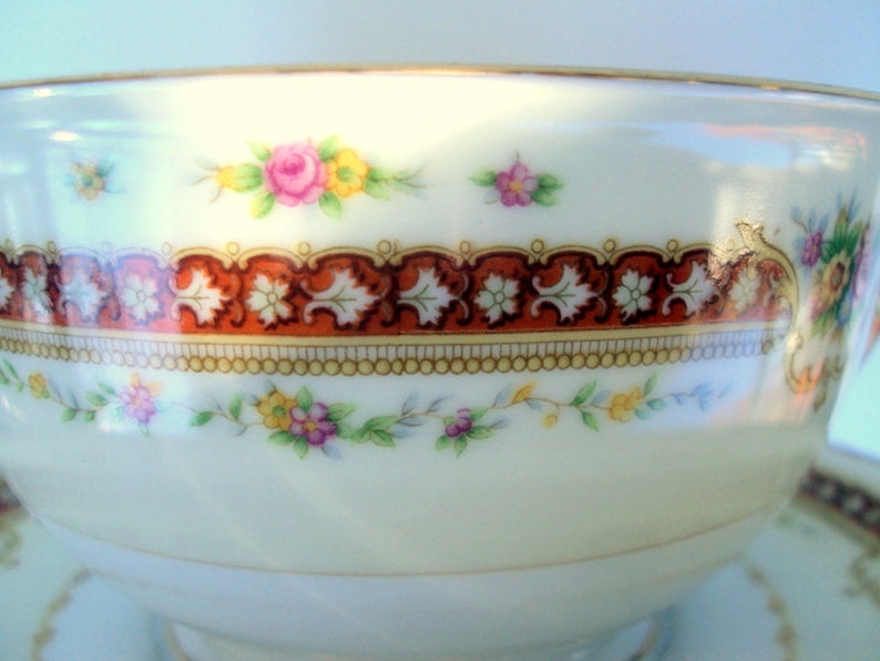 Vintage Meito China 1930s Rhodes Gravy Boat Attached Underplate Japan Asama Crown HolidayTable Christmas Gift French Country image 5