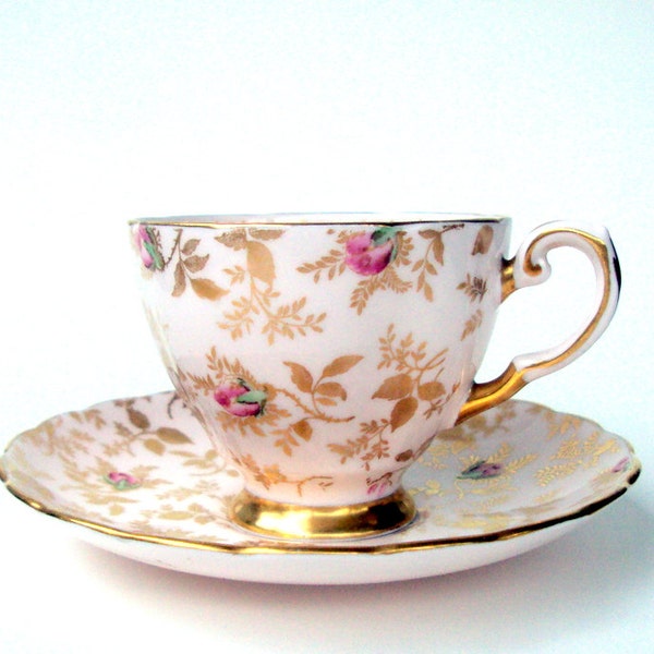 Vintage Tuscan English Bone China Teacup and Saucer, Sunshine Pattern, Floral, Gold, Roses Chintz, 1950, England, Home Dining,Collectible