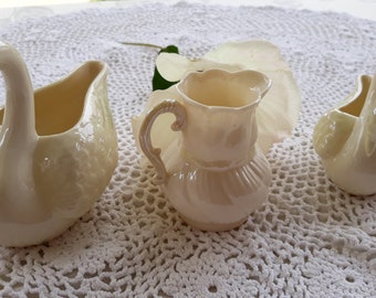 Vintage Belleek Eggshell China Ireland Swan Small Creamers and Small Pitcher Creamer Cream Shades Shabby Chic 3 Pieces Detail Eyes and Wings