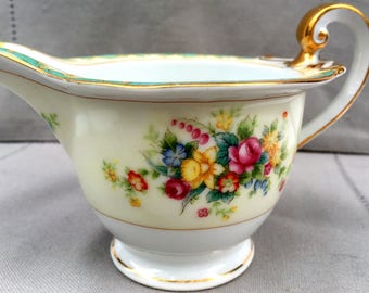 Vintage Moriyama Mori-Machi,Porcelain Creamer,1920s,Japan,22K Gold,Floral Sprays,Pink Yellow Blue Green,Flat Rim,Dining Serving,Coffee/Tea