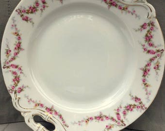 Vintage Antique Schwarzburg Germany, Porcelain Small Platter,Rose Garland Pattern, 1904,White Pink,22K Gold,Pierced Handles,Ornate,Serving