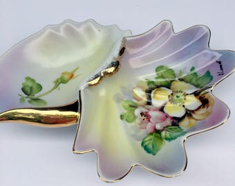 Vintage Hand Painted Fine Porcelain Divided Dish, 1930s,Wild Roses, Artist Signed,Gold Trims,Sauces Dips,Candy nuts,Scalloped,Table, Decor