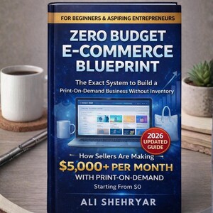 May include: A book titled "Zero Budget E-Commerce Blueprint" with the subtitle "The Exact System to Build a Print-On-Demand Business Without Inventory." The cover is dark blue with white and yellow text. It also includes the text "How Sellers Are Making $5,000+ Per Month."