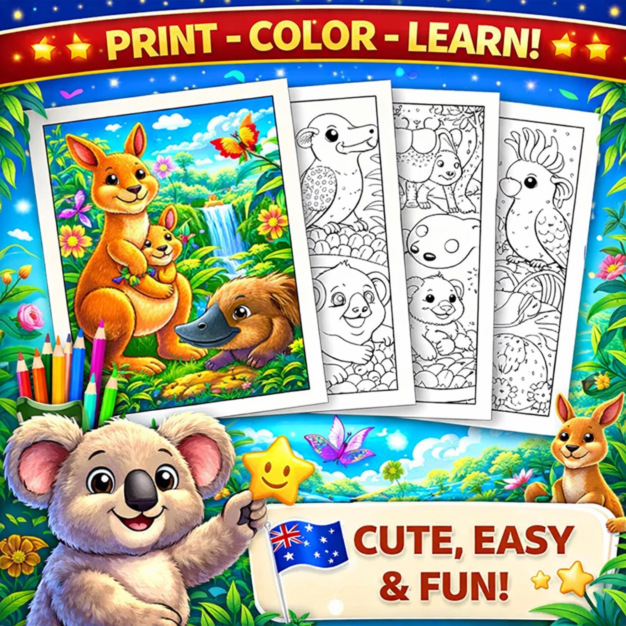 Australian Animals Colouring Book for Kids Koala and Kangaroo Coloring ...