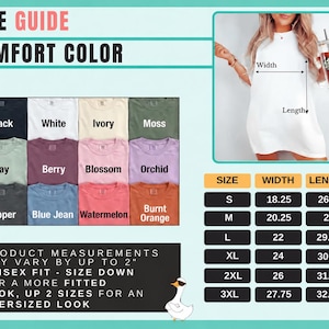 Peut inclure: Un guide des tailles Comfort Color pr&eacute;sentant une palette de douze teintes de t-shirts, incluant noir, blanc, ivoire, mousse, baie, m&ucirc;re, fleur, orchid&eacute;e, poivre, jean bleu, past&egrave;que et orange br&ucirc;l&eacute;, avec un tableau des tailles en pouces.