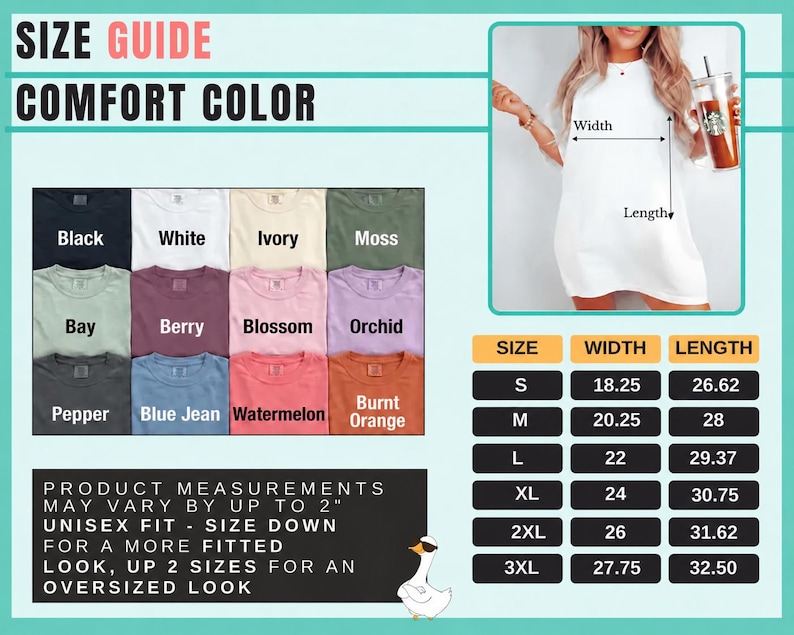 Peut inclure: Un guide des tailles Comfort Color pr&eacute;sentant une palette de douze teintes de t-shirts, incluant noir, blanc, ivoire, mousse, baie, m&ucirc;re, fleur, orchid&eacute;e, poivre, jean bleu, past&egrave;que et orange br&ucirc;l&eacute;, avec un tableau des tailles en pouces.