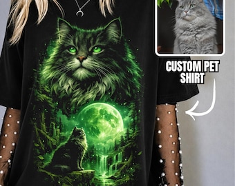 Camiseta personalizada con retrato de gato, camiseta de fantasía con luna para mascotas, regalo conmemorativo para gatos, camiseta con impresión fotográfica, colores cómodos para amantes de los gatos y mamás de gatos