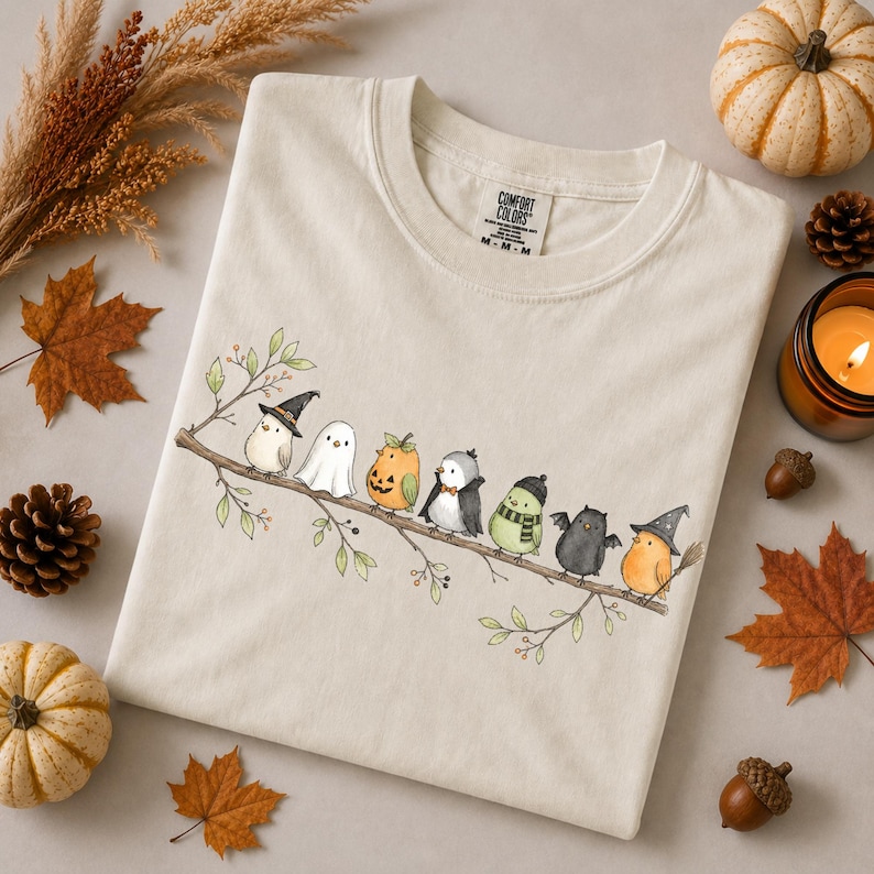 Peut inclure: Un t-shirt couleur cr&egrave;me orn&eacute; d'un motif repr&eacute;sentant sept petits oiseaux perch&eacute;s sur une branche, chacun portant un costume d'Halloween diff&eacute;rent, incluant sorci&egrave;re, fant&ocirc;me, citrouille, vampire, &eacute;charpe, chauve-souris et magicien.
