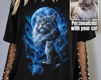 Camiseta personalizada con retrato de gato, camiseta personalizada de imitación azul Aurora con gato, regalo conmemorativo con impresión fotográfica, para amantes de los gatos, recuerdo de gato de Comfort Colors