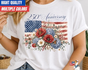 Camiseta del 250 aniversario de Estados Unidos para mujer, camiseta patriótica floral, bandera de EE. UU. con flores silvestres 1776-2026, regalo del 4 de julio de Comfort Colors, camiseta de la libertad