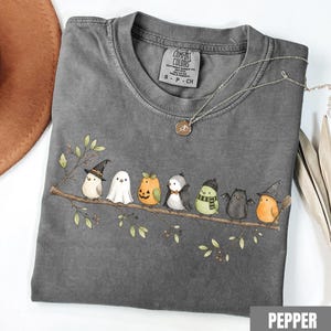 Peut inclure: Un t-shirt gris anthracite &agrave; manches courtes orn&eacute; d'un motif repr&eacute;sentant sept petits oiseaux perch&eacute;s sur une branche, chacun portant un costume d'Halloween diff&eacute;rent, incluant sorci&egrave;re, fant&ocirc;me, citrouille, vampire et chauve-souris.