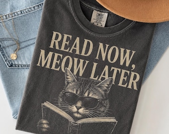 Camiseta divertida de gato, camiseta de gato leyendo un libro "Lee ahora, maúlla después", regalo vintage para amantes de los gatos, camiseta para amantes de los libros, camiseta de gato de Comfort Colors