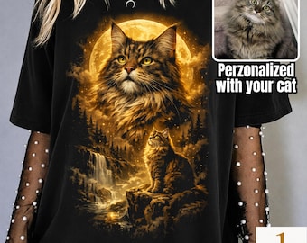Camiseta personalizada con retrato de gato y perro, camiseta personalizada estilo pirata con estampado de luna fantástica para mascotas, regalo conmemorativo con impresión fotográfica, colores reconfortantes para amantes de los gatos.