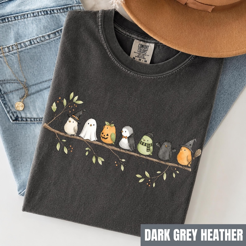 Peut inclure: Un t-shirt gris anthracite chin&eacute; orn&eacute; d'un motif repr&eacute;sentant sept petits oiseaux perch&eacute;s sur une branche. Les oiseaux portent divers costumes, dont un chapeau de sorci&egrave;re, un drap de fant&ocirc;me, une citrouille, un n&oelig;ud papillon, une &eacute;charpe et des ailes.