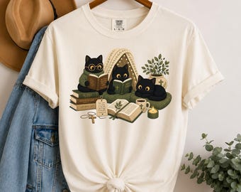 Camiseta de lectura con gato negro, regalos acogedores para bibliófilos y lectores de Booktok, camisetas de gatos para amantes de los libros, camiseta para mamás de gatos, colores cómodos para bibliotecarios y profesores.