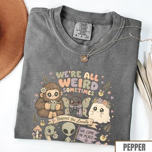 May include: Pepper-colored t-shirt with the text "WE'RE ALL WEIRD SOMETIMES" and various cartoon characters. The shirt features a crew neck and short sleeves. A silver necklace with a pendant is draped across the shirt.