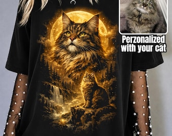 Camiseta personalizada con retrato de gato, camiseta personalizada de Golden Moon Cat, regalos de gatos con impresión fotográfica, para amantes de los gatos, Comfort Colors Cat Remembrance Mom