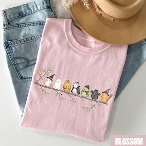 Peut inclure: Un t-shirt rose clair orn&eacute; d'un motif repr&eacute;sentant huit petits oiseaux perch&eacute;s sur une branche, chacun portant un costume d'Halloween diff&eacute;rent, notamment un chapeau de sorci&egrave;re, un drap de fant&ocirc;me, une citrouille, un smoking, une &eacute;charpe, des ailes de chauve-souris et un chapeau de magicien, avec un jean bleu et un chapeau beige.