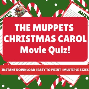 Puede incluir: Un cuestionario de Navidad imprimible basado en la película "Los Muppets Cuento de Navidad". El cuestionario presenta un fondo rojo con texto blanco y un fondo verde con texto blanco. El texto en el fondo rojo dice "¡Los Muppets Cuento de Navidad Quiz de la película!" y el texto en el fondo verde dice "¡Respuestas!" y "Los Muppets Cuento de Navidad".