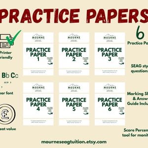 May include: Six practice papers for the SEAG Transfer Test, each labeled with a number from 1 to 6. The papers are white with black text and a green checkmark, and the text "Practice Papers" is in red. Includes marking sheets and an answer guide.