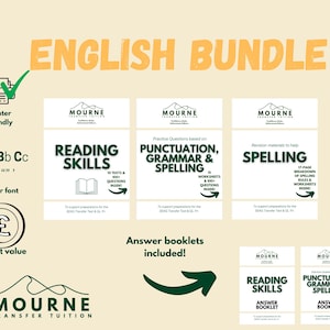 Puede incluir: Un paquete de inglés con el texto "ENGLISH BUNDLE" en amarillo. El paquete incluye habilidades de lectura, puntuación, gramática y ortografía, y materiales de ortografía. La imagen también incluye el texto "Impresora amigable", "Fuente clara" y "Gran valor".